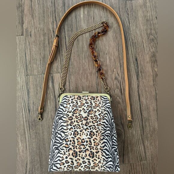 Handmade Genuine Embossed Leather Leopard Print, Metal Frame Handbag/Crossbody - Picture 5 of 14